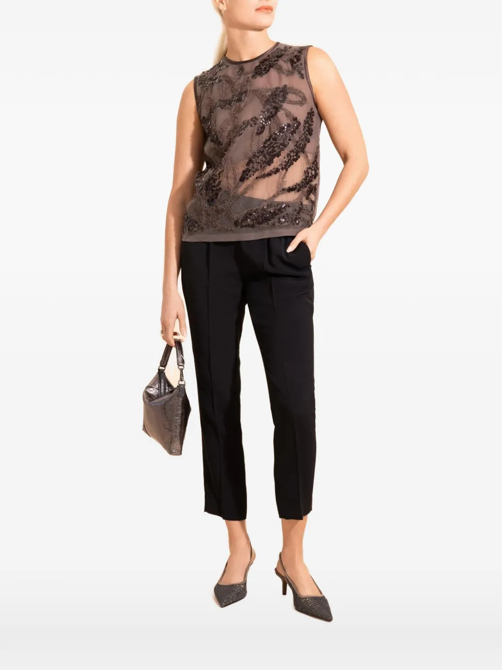 Brunello Cucinelli embroidered sleeveless blouse - Brown