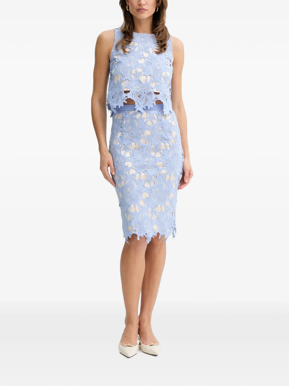 FRACOMINA Midi-rok met gewelfde afwerking en guipure-kant Blauw