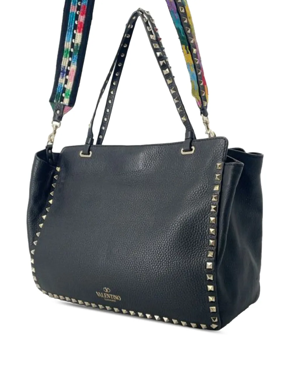  Valentino Garavani Pre-owned 2000-2017 Medium Grainy Calfskin Embroidered Rockstud Trapeze Satchel - Black 