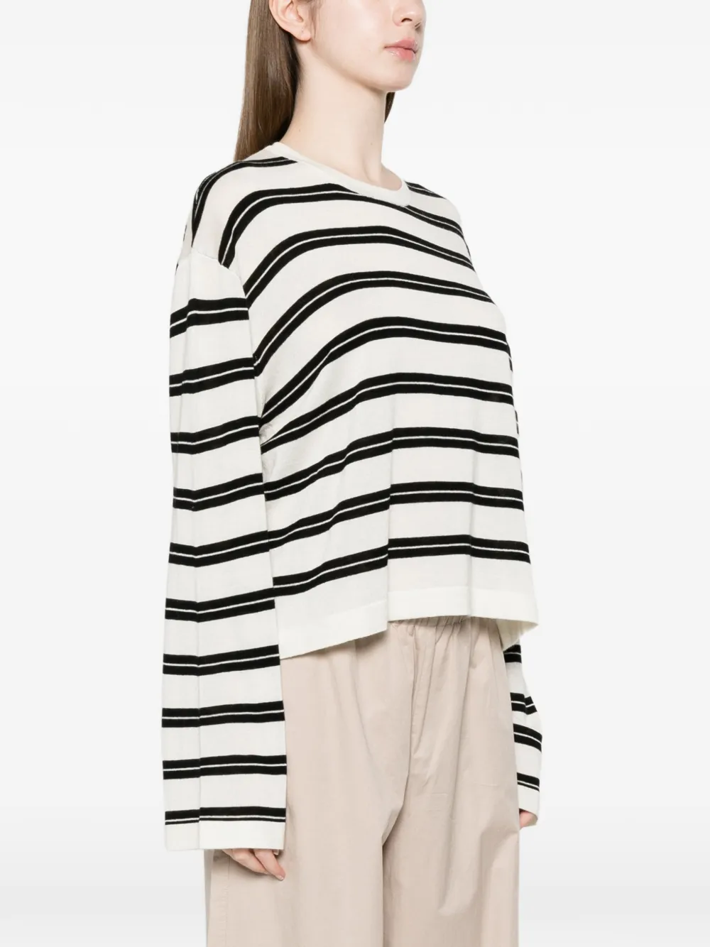  Soft Goat Striped Long-sleeve Sweater - White 