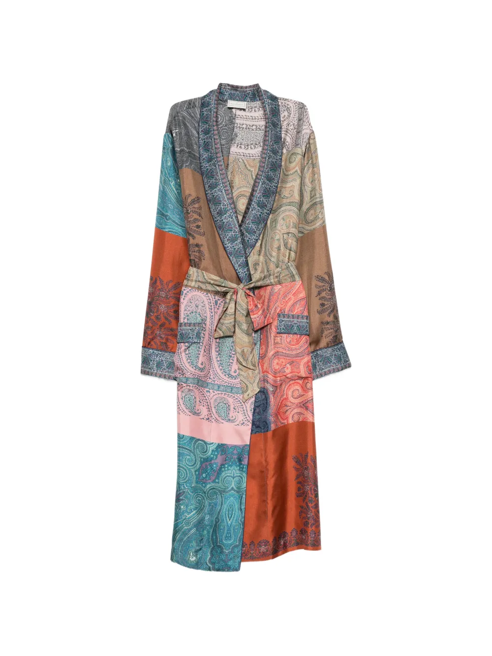 Pierre-Louis Mascia paisley-print patchwork belted silk coat - Blue