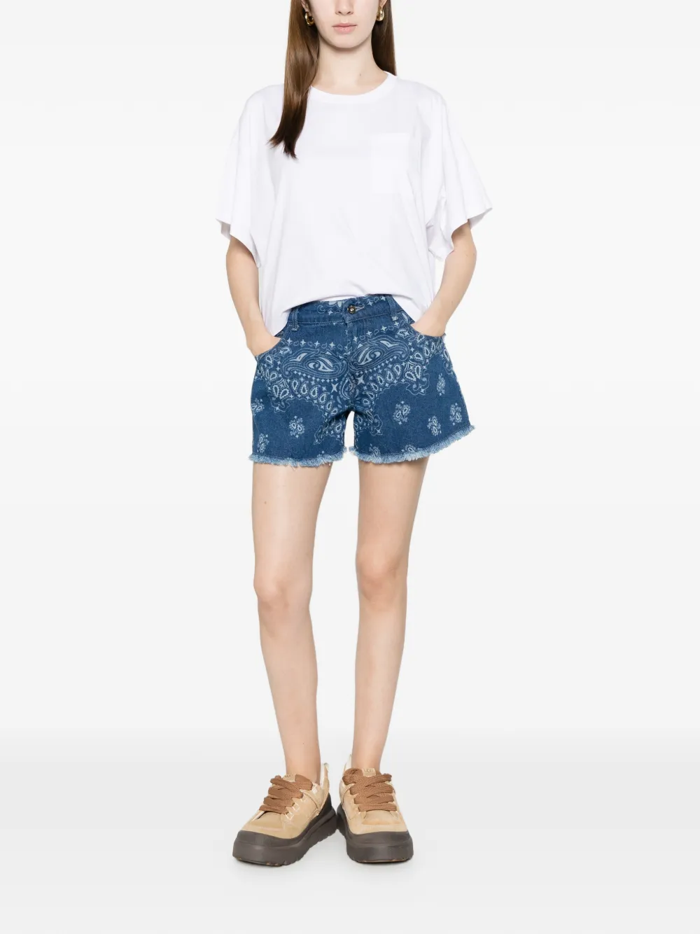  Don't @ Me Paisley-print Frayed-hem Denim Shorts - Blue 
