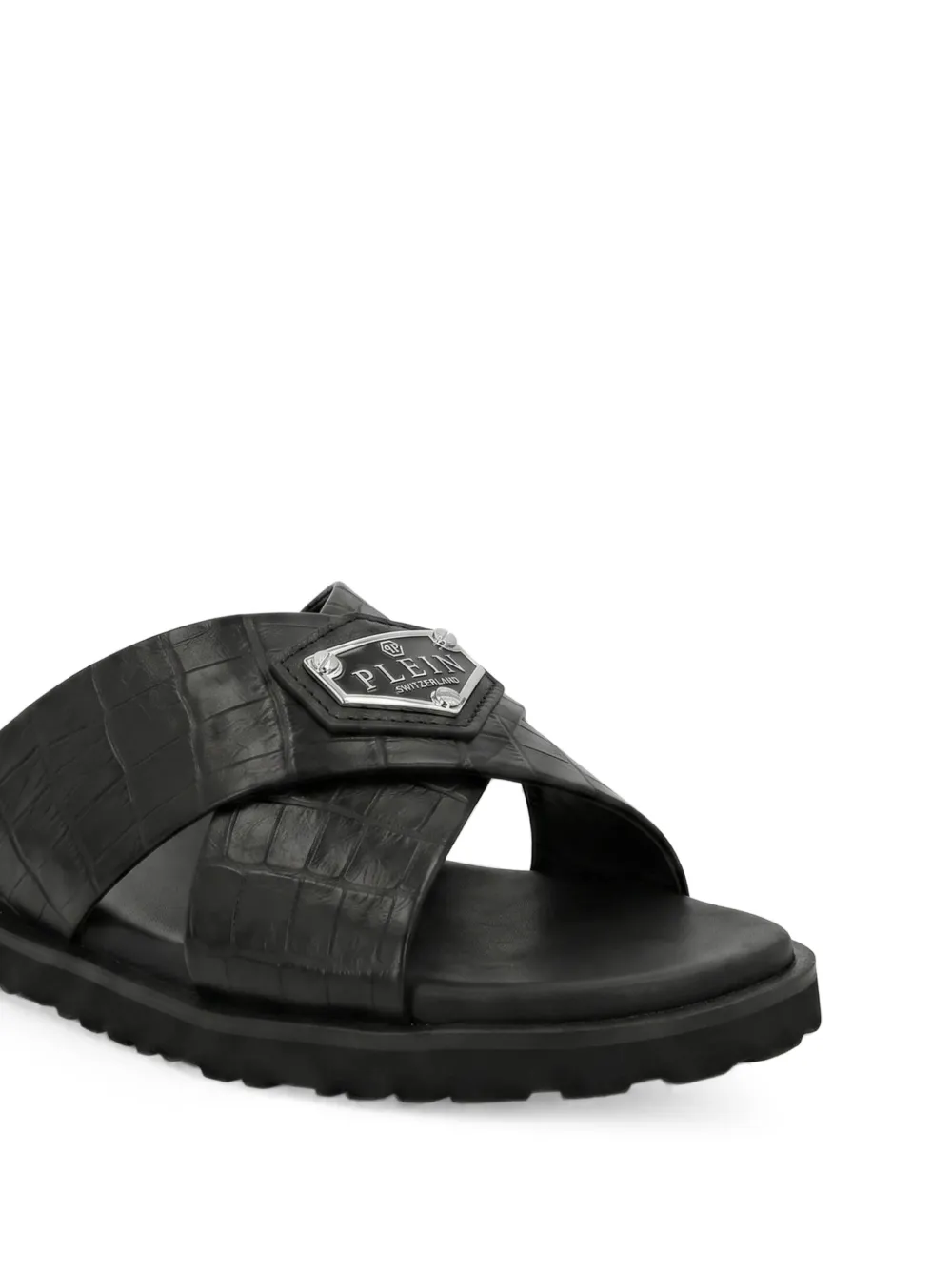 Philipp Plein Leren slippers met gekruiste bandjes Zwart