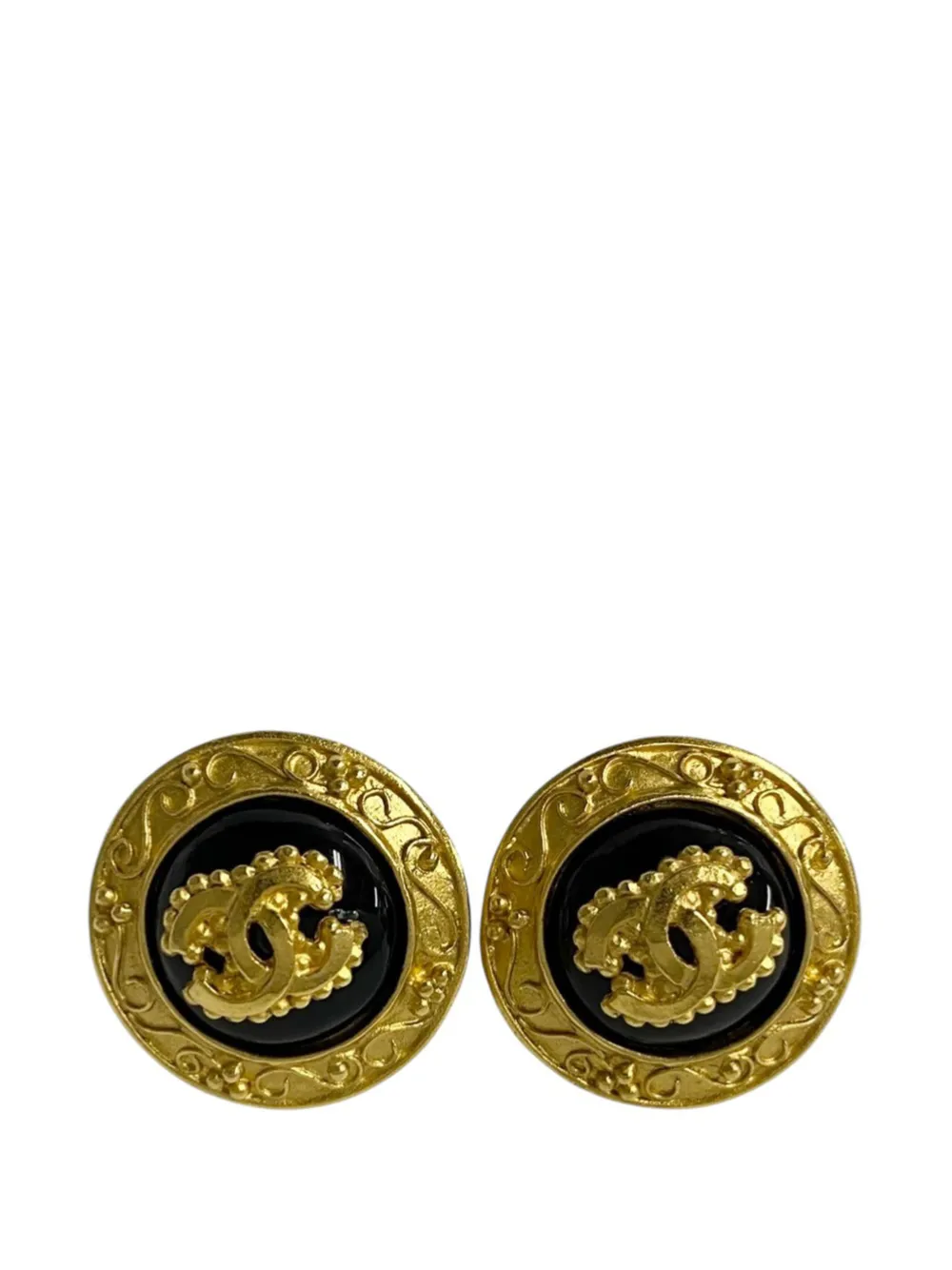 CHANEL Pre-Owned 1996 CC Gold Plated and Enamel Round Button Clip On Earrings costume earrings - Nero