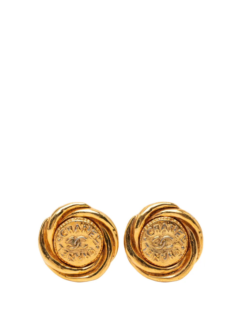 CHANEL Pre-Owned 1993 Gold Plated Twisted Double Logo Round Clip On Earrings costume earrings - Oro
