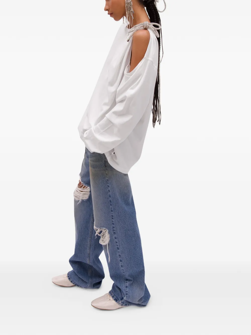 AREA T-shirt met uitgesneden details en kristallen knoop Wit