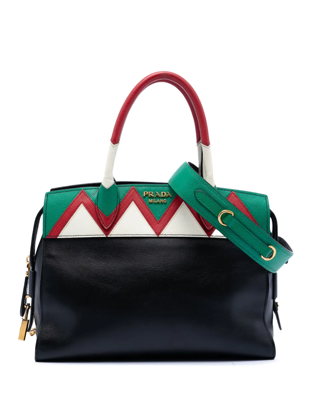 Prada Pre-Owned 2013-2025 Medium Saffiano Trimmed City Calf Greca Esplanade satchel - Nero