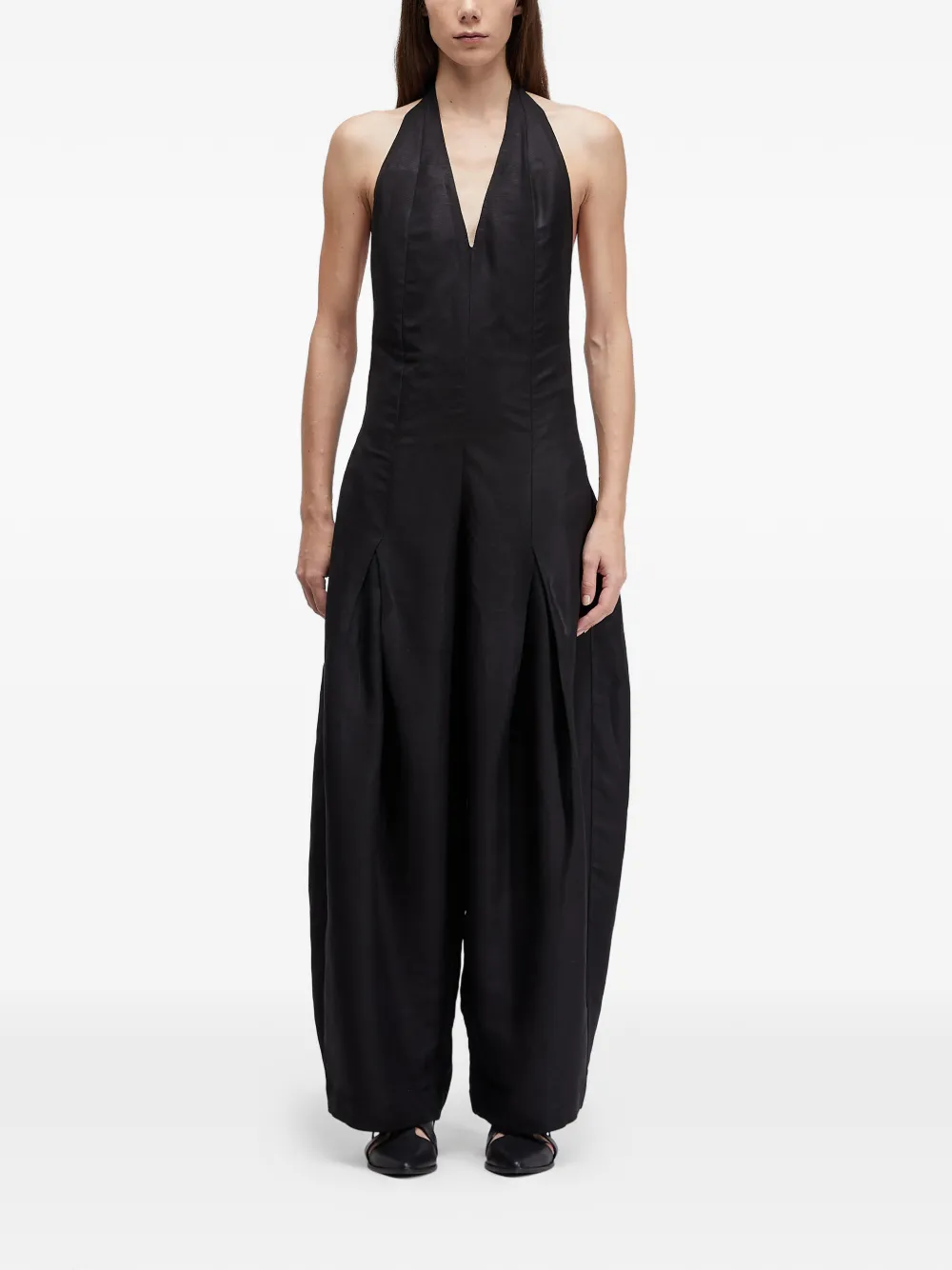 Osklen Halterneck Pleated Linen Jumpsuit In Black