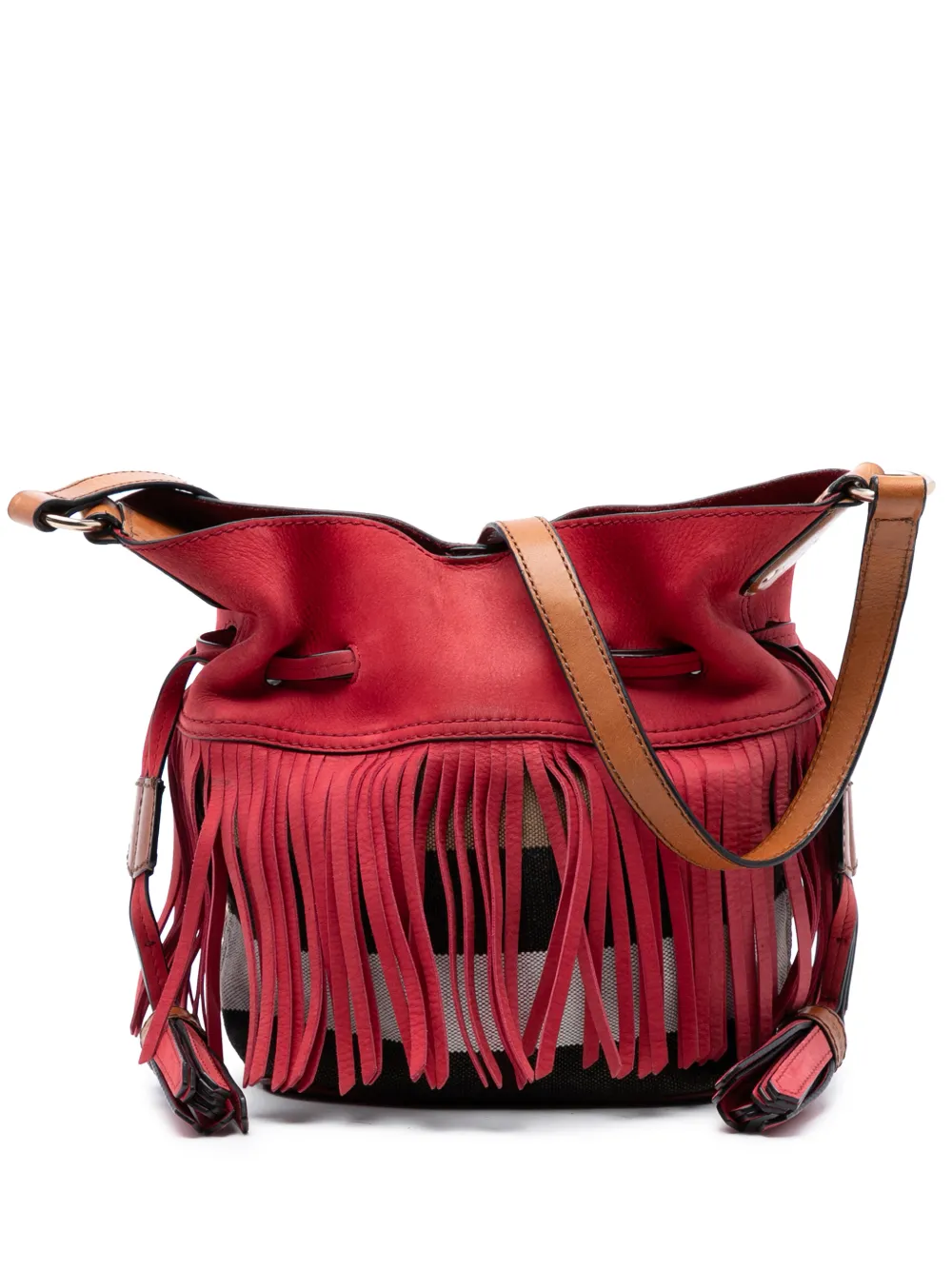 Burberry Pre-Owned 2000-2017 Small Mega Check Canvas and Suede Fringe Belgrove bucket bag - Rosso