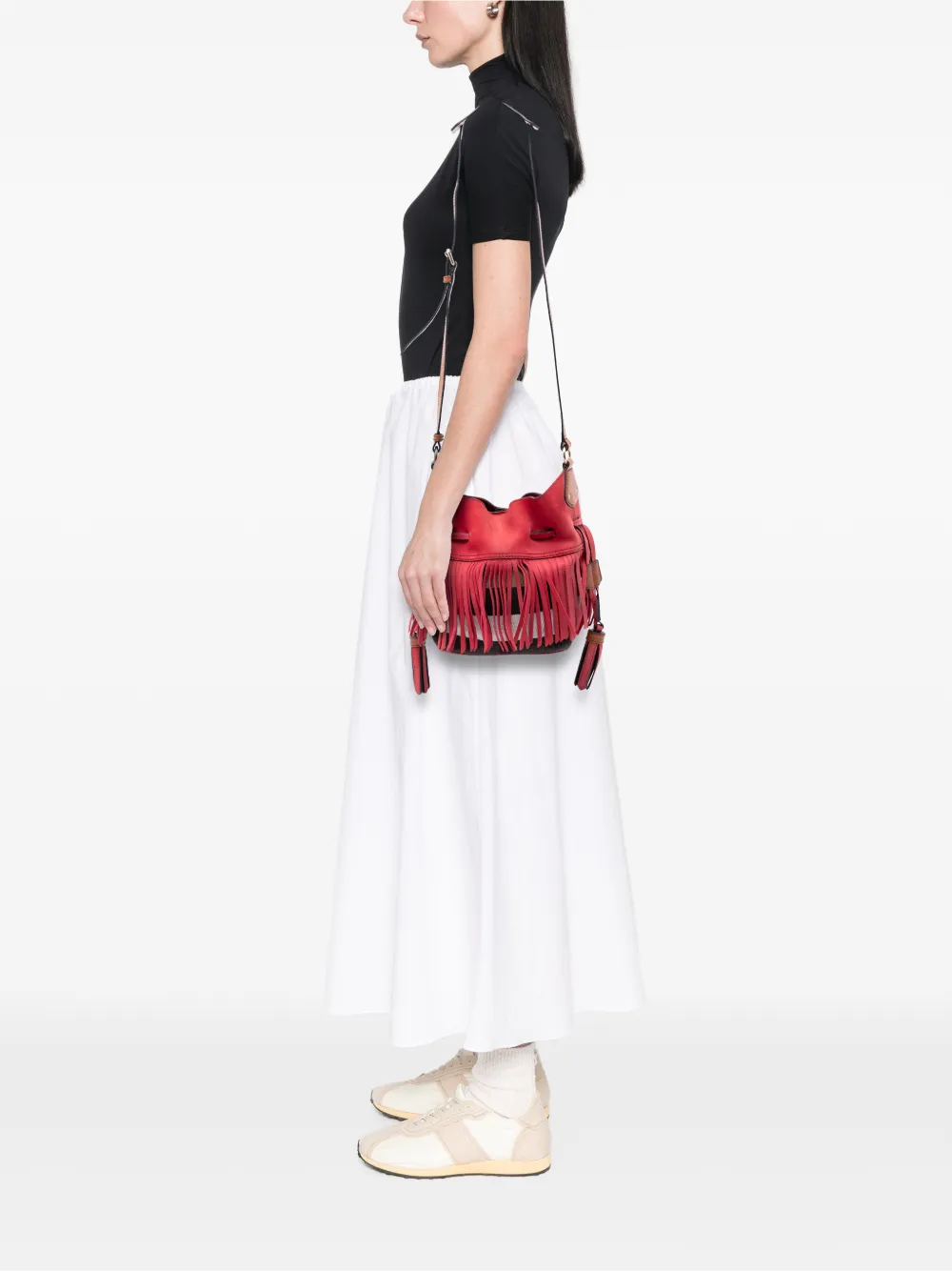  Burberry Pre-owned 2000-2017 Small Mega Check Canvas And Suede Fringe Belgrove Bucket Bag - Red 
