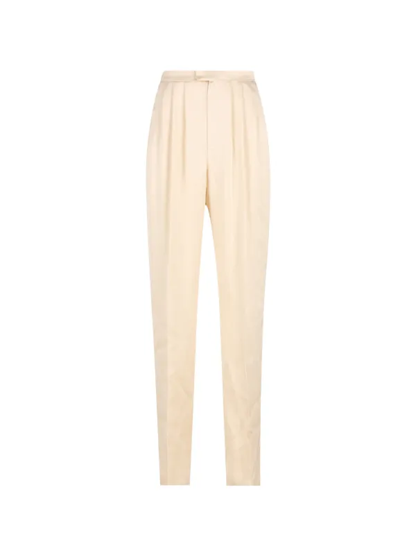 Saint Laurent Pleated Silk Trousers in Neutrals