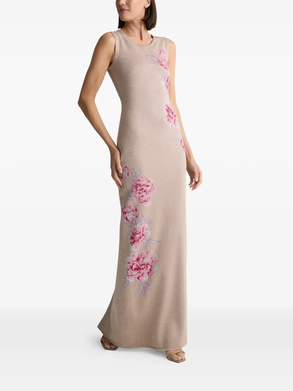 St. John Gianna gebreide jurk met metallic pioenroos jacquard Beige
