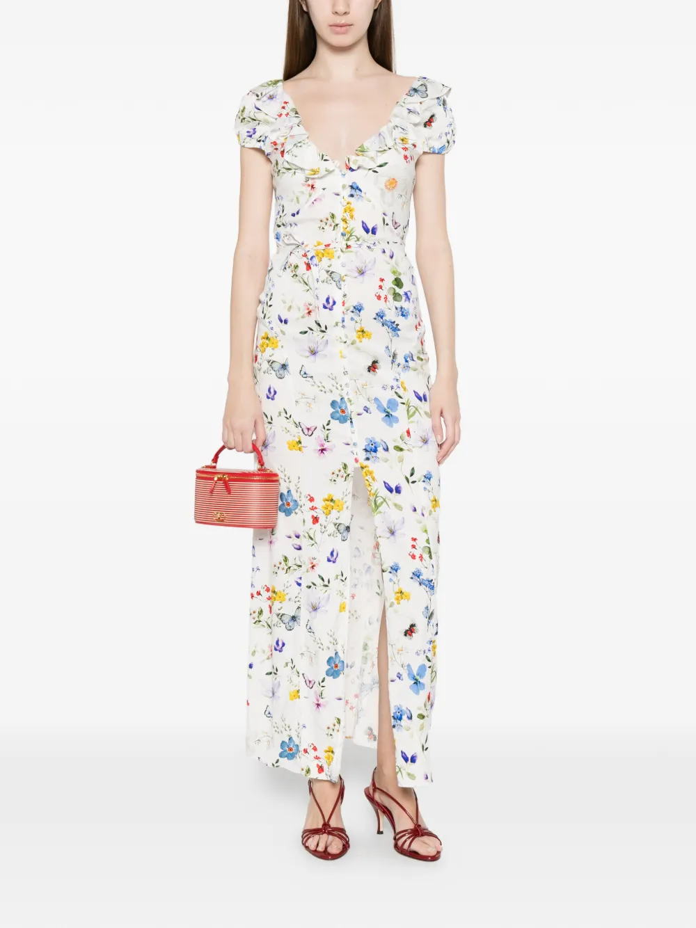alice + olivia Tara midi-jurk met ruches en bloemenprint Wit