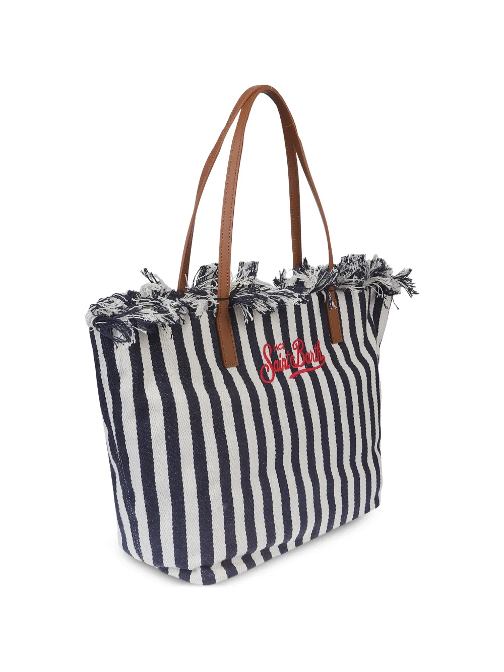 MC2 Saint Barth City Bag Mid gestreepte schoudertas met franje Blauw