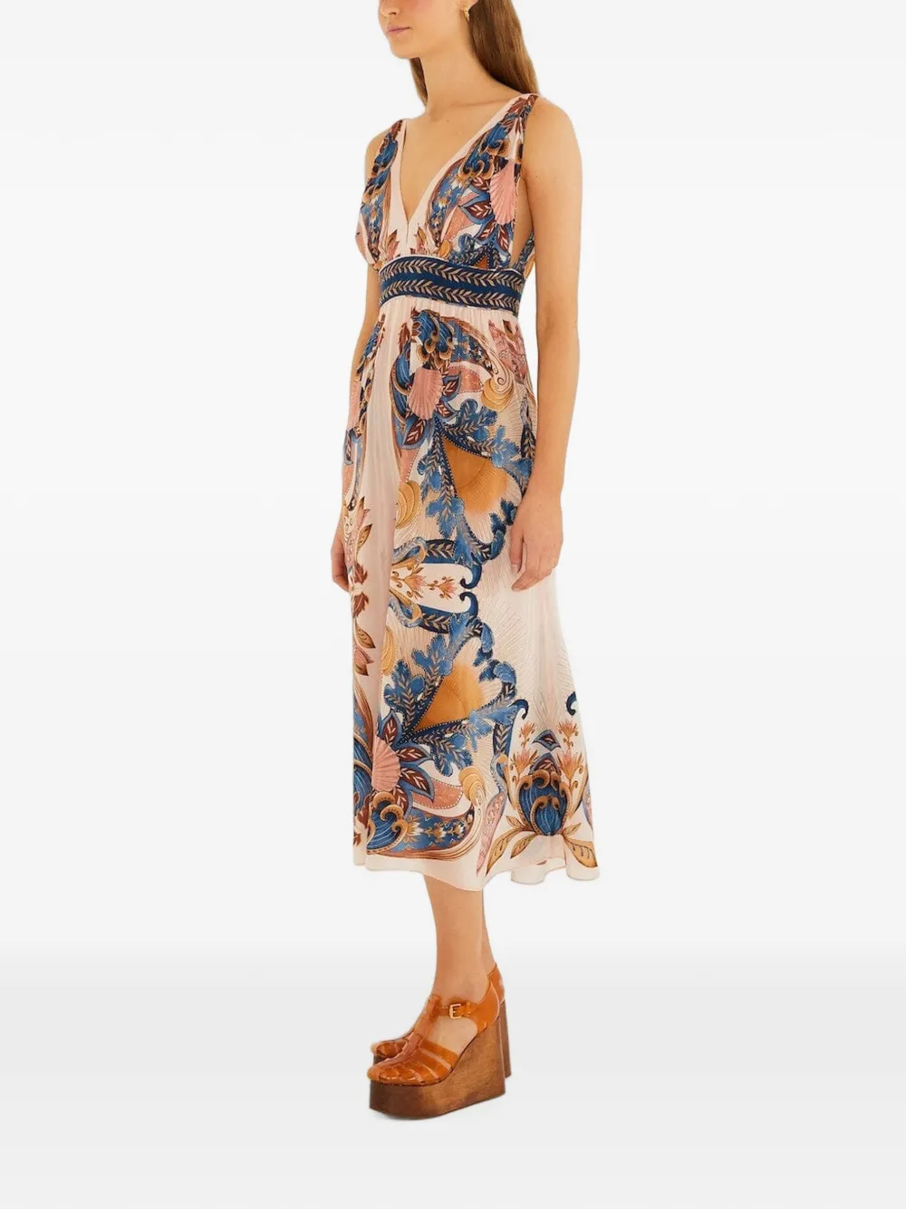 FARM Rio Garden midi-jurk met V-hals en sjaal Beige