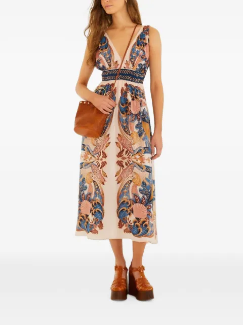 FARM Rio soft pink Garden scarf V neck midi dress