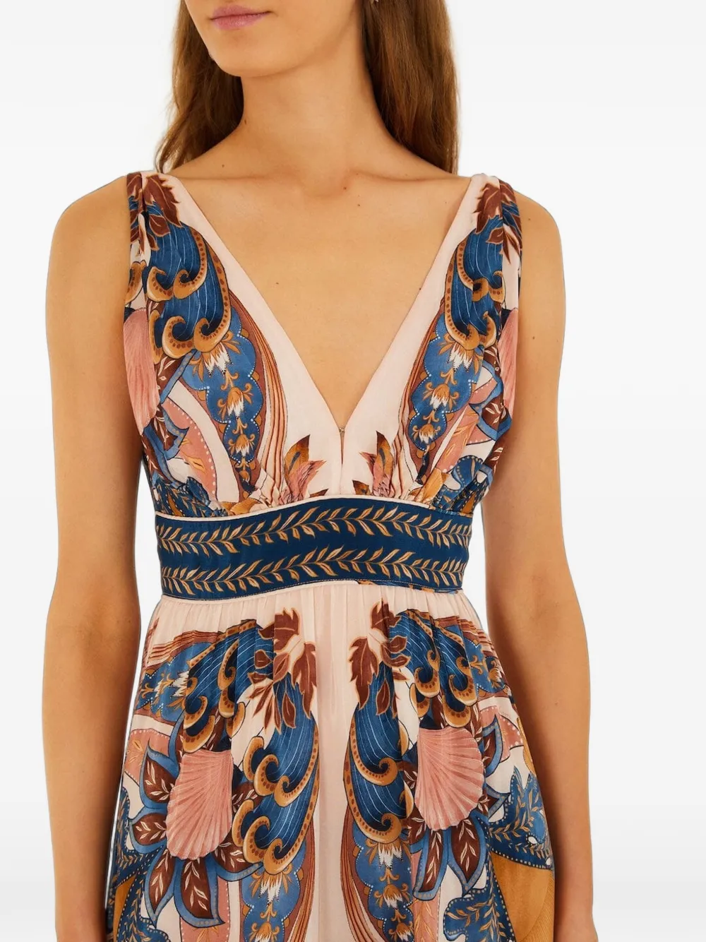 FARM Rio Garden midi-jurk met V-hals en sjaal Beige