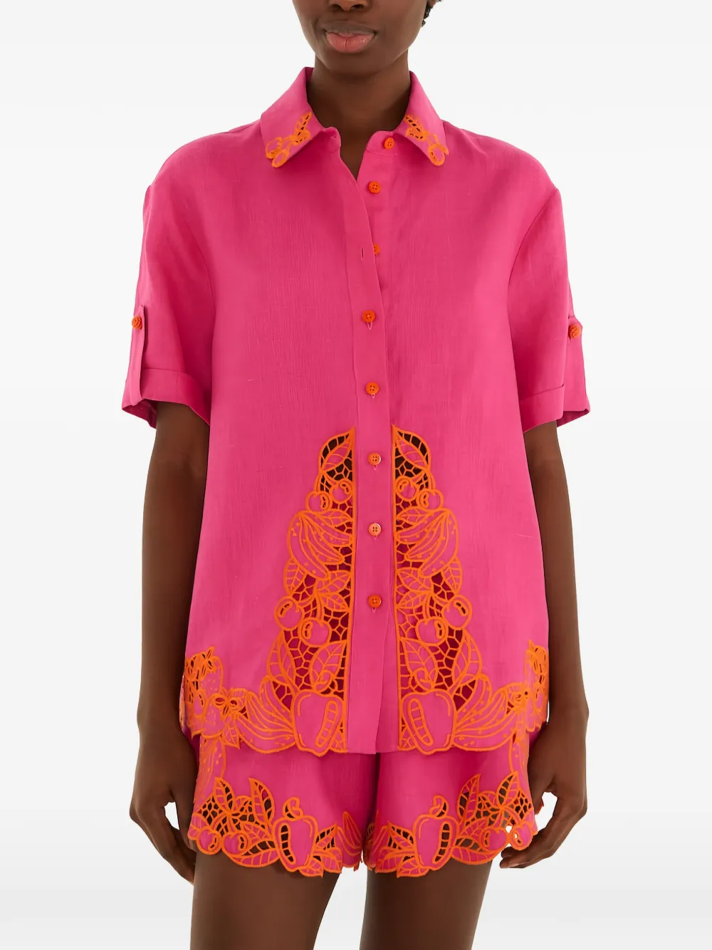 FARM Rio guipure-lace-trim short-sleeve shirt - Rosa