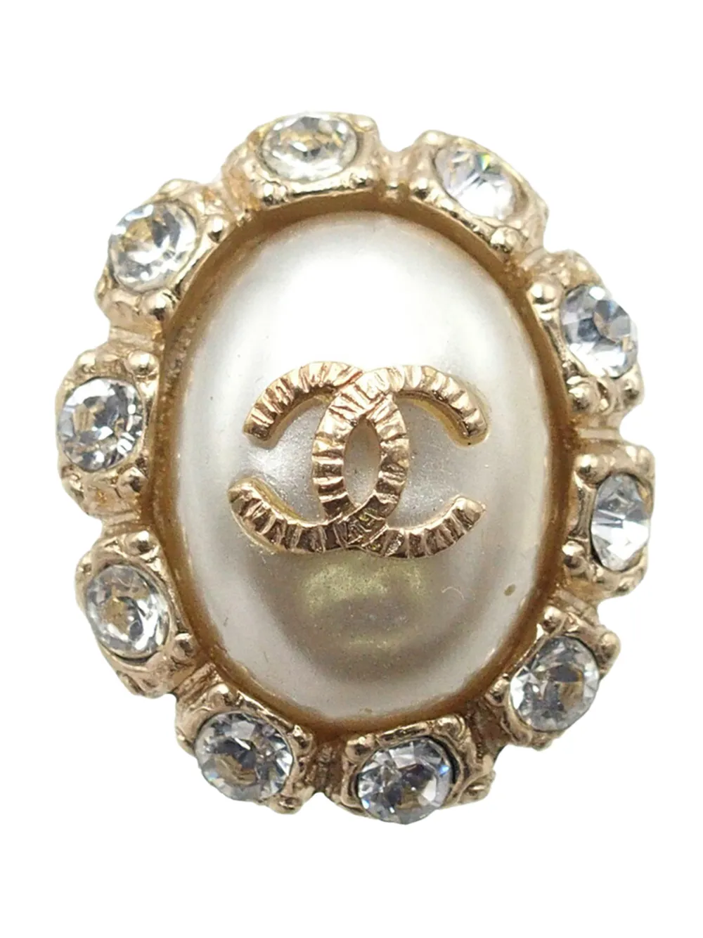  Chanel Pre-owned 2008 Cc Gold Plated Faux Pearl And Rhinestone Oval Clip On Earrings Costume Earrings 