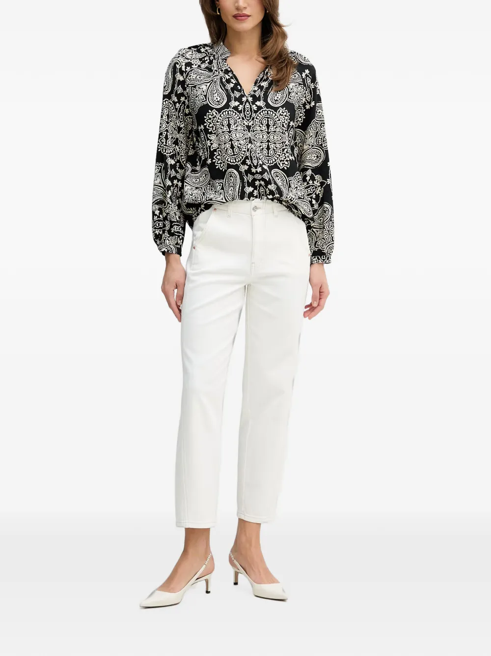 OUI Blouse met paisley-print en V-hals Zwart