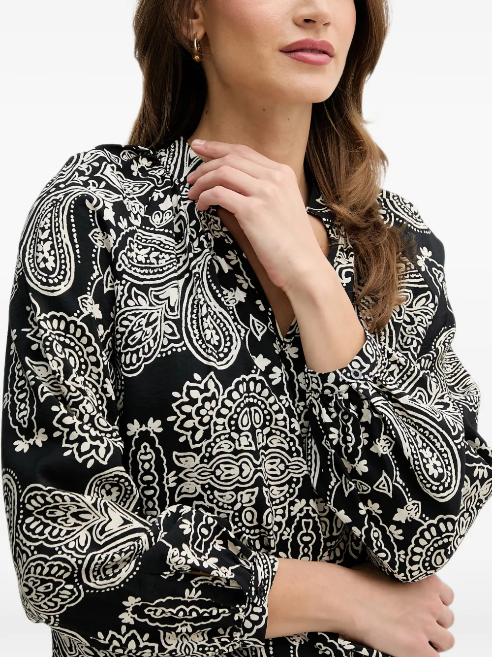 OUI Blouse met paisley-print en V-hals Zwart