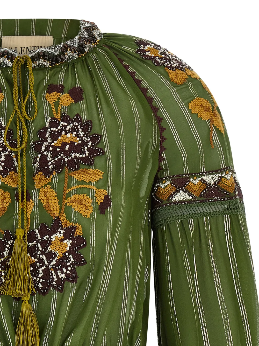  Valentino Garavani Embroidered Tassel Silk Blouse - Green 