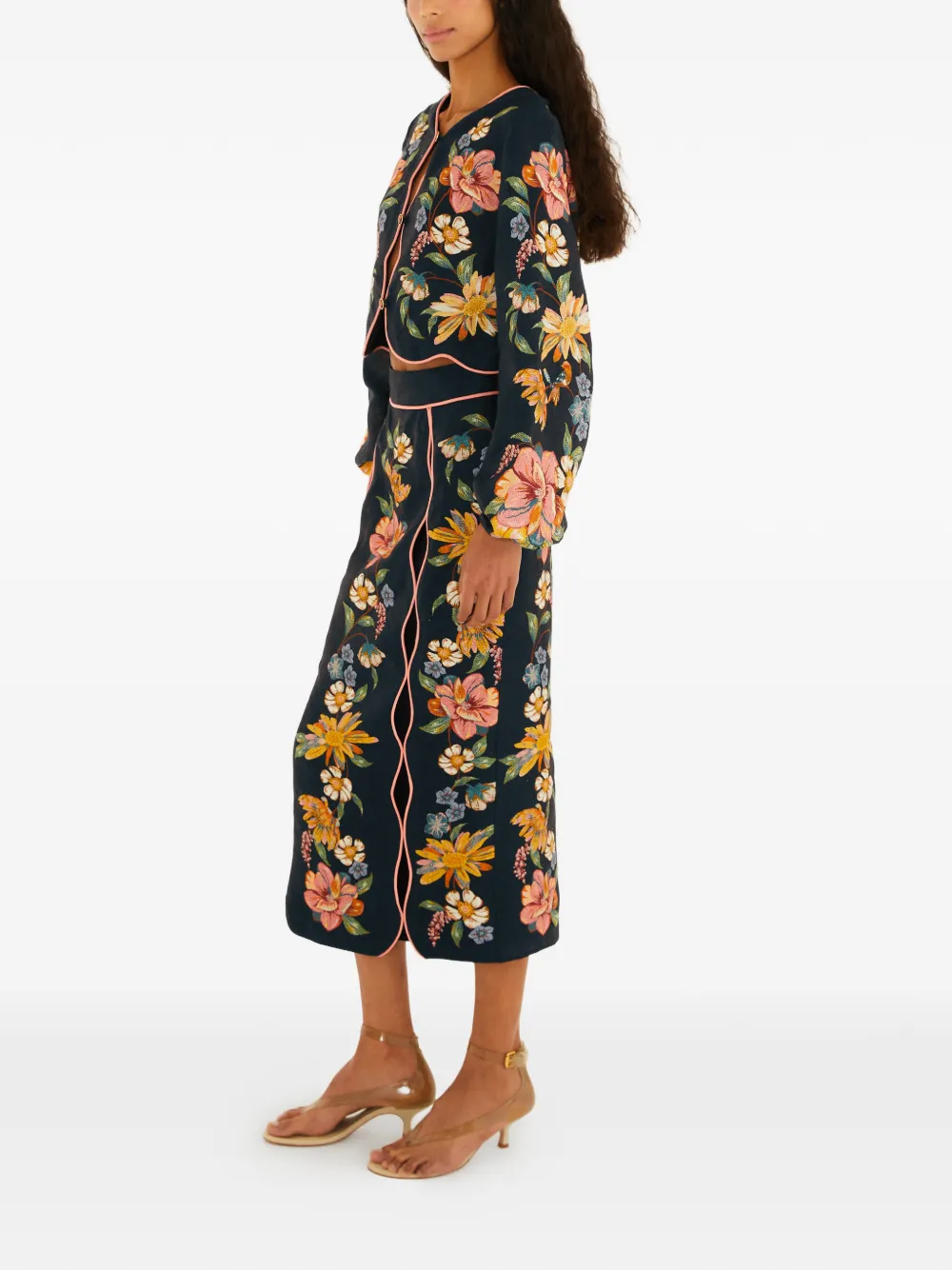 FARM Rio Maira floral Euroflax™ premium linen midi skirt Blauw