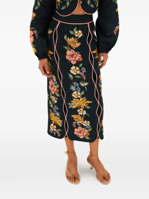 FARM Rio floral-embroidered midi skirt