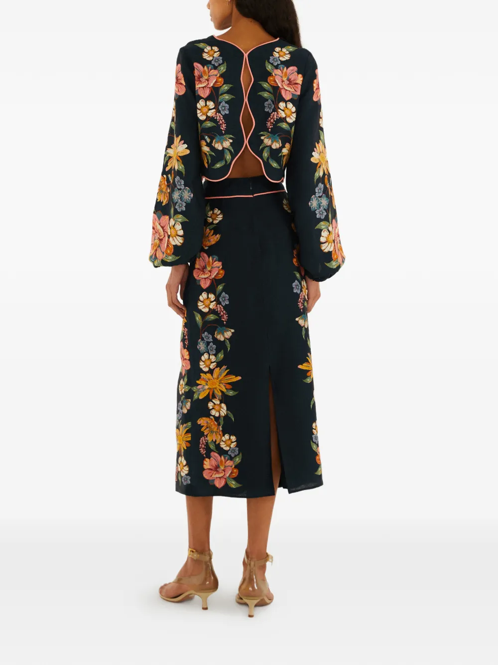 FARM Rio Maira floral Euroflax™ premium linen midi skirt Blauw