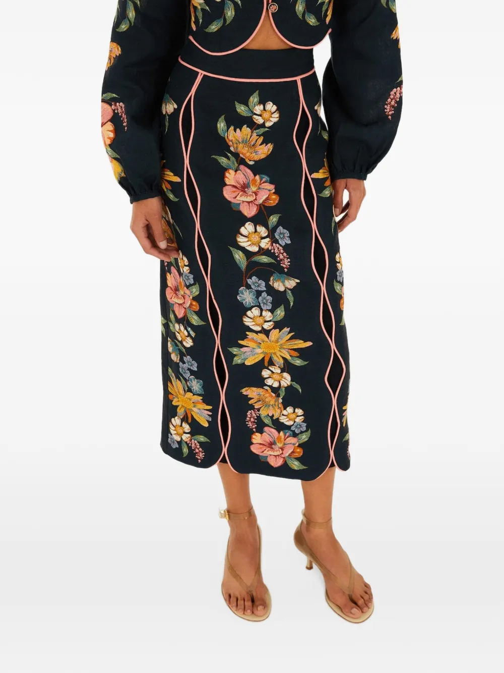 FARM Rio floral-embroidered midi skirt - Blu
