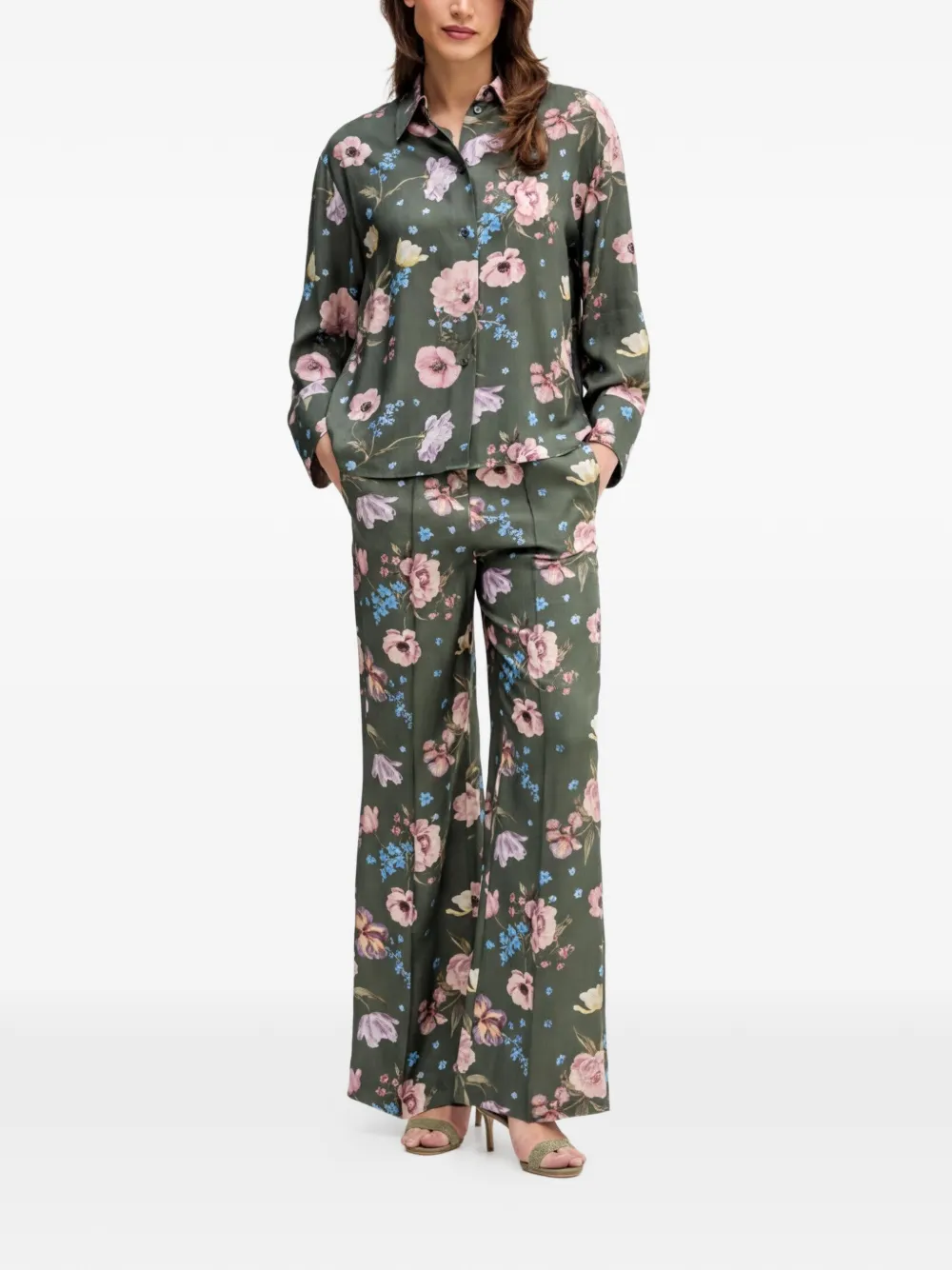 OUI Broek met bloemenprint Groen