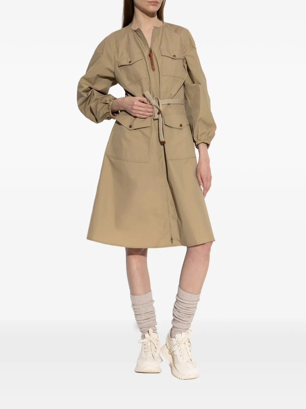  Moncler Pleated Poplin Midi Dress - Neutrals 