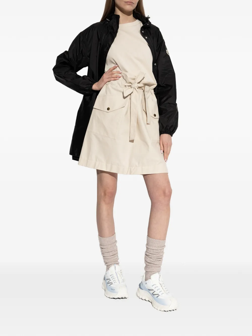  Moncler Belted Cotton Mini Dress - Neutrals 