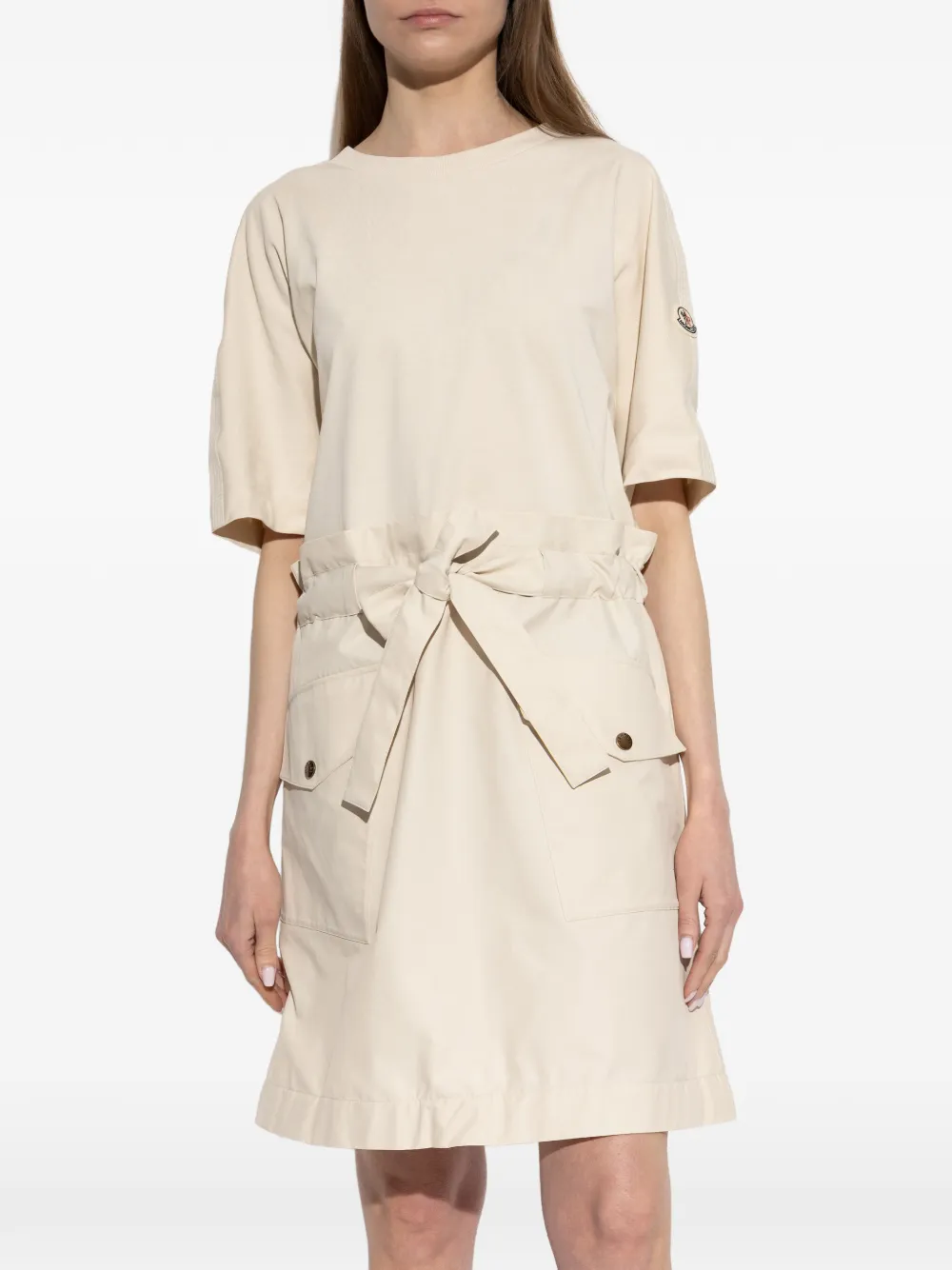  Moncler Belted Cotton Mini Dress - Neutrals 