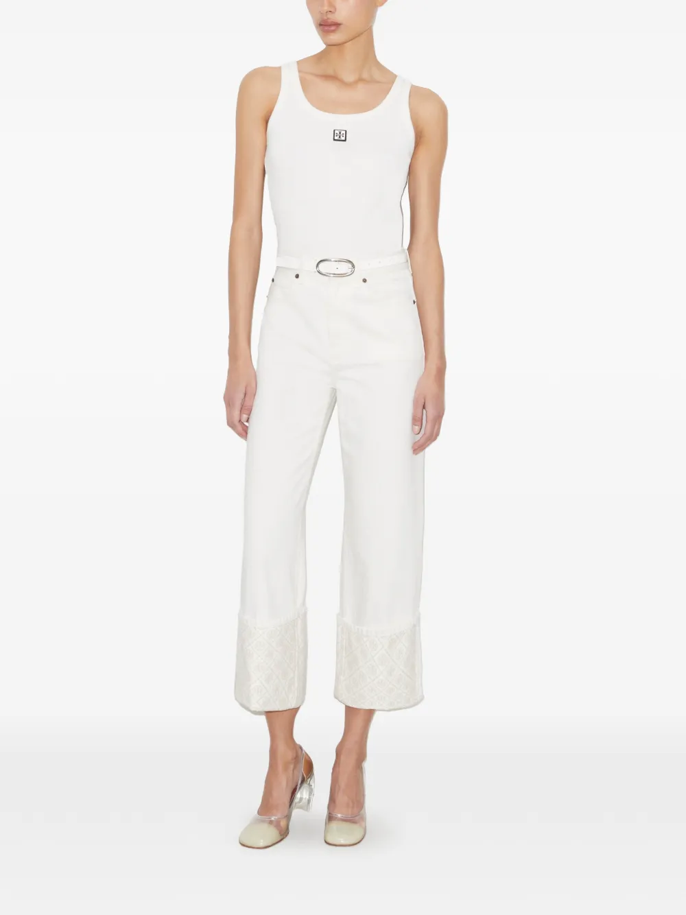  Tory Burch Vaqueros Rectos Con Puños En Contraste Monograma En T - Blanco 