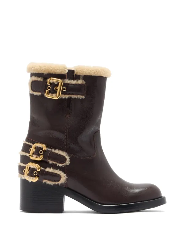 Chloé Dakota Buckle Shearling Boots in Brown