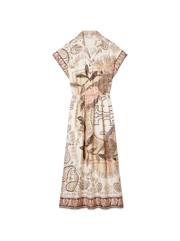 Tory Burch Waisted Silk Shirtdress in Neutrals