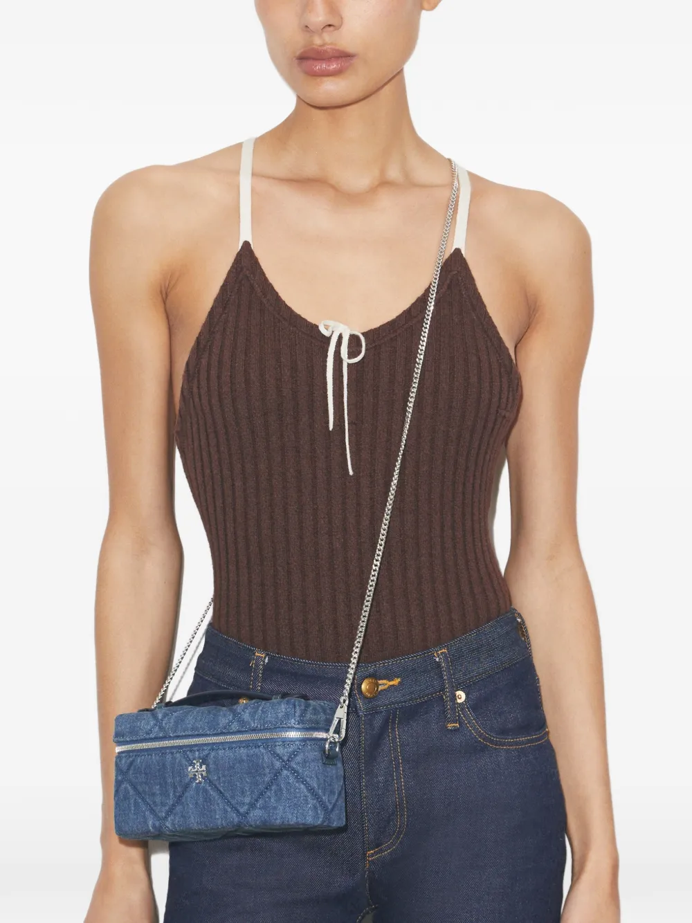 Tory Burch Kira denim gewatteerde toilettas Blauw
