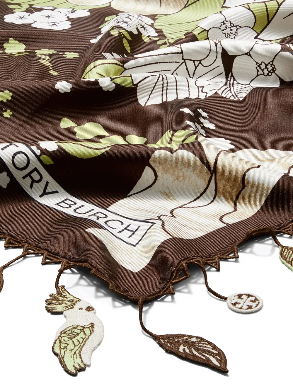 Tory Burch Vierkante zijden sjaal met bloemenprint Bruin