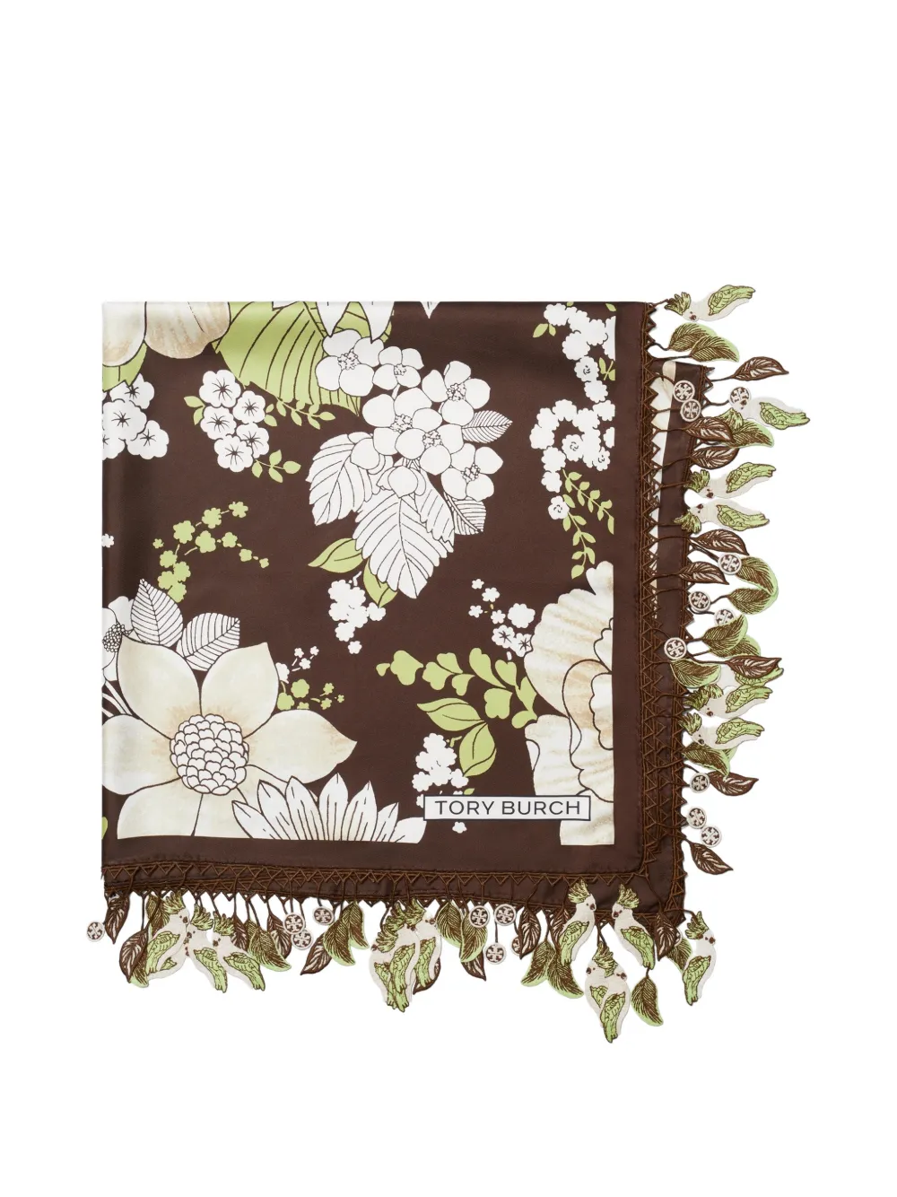 Tory Burch Vierkante zijden sjaal met bloemenprint Bruin