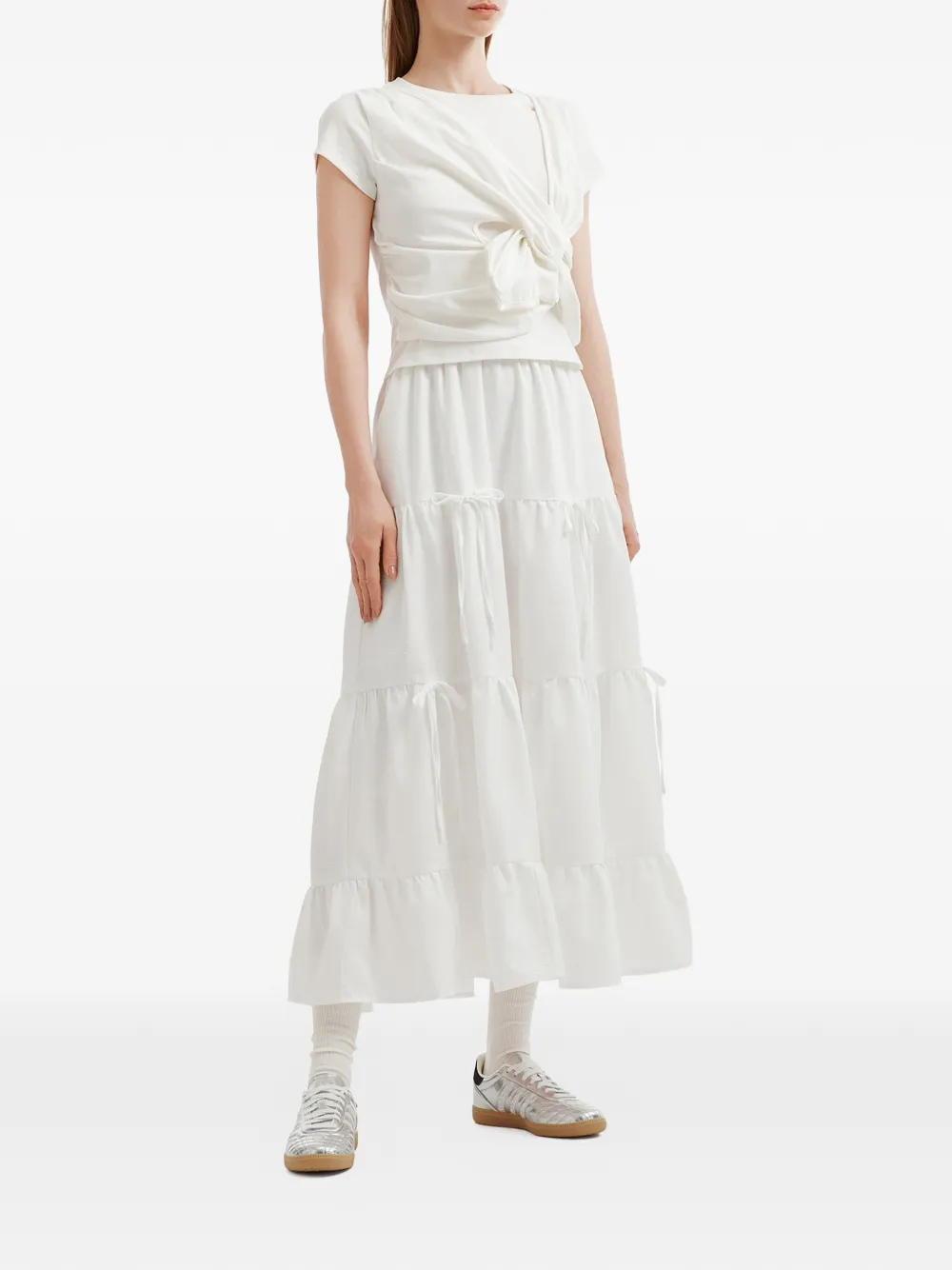  Tout A Coup Tiered Drawstring Midi Skirt - White 