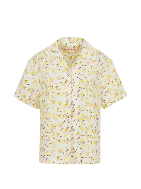 Marni Linen Shirt with Brushstroke Wave Print in White