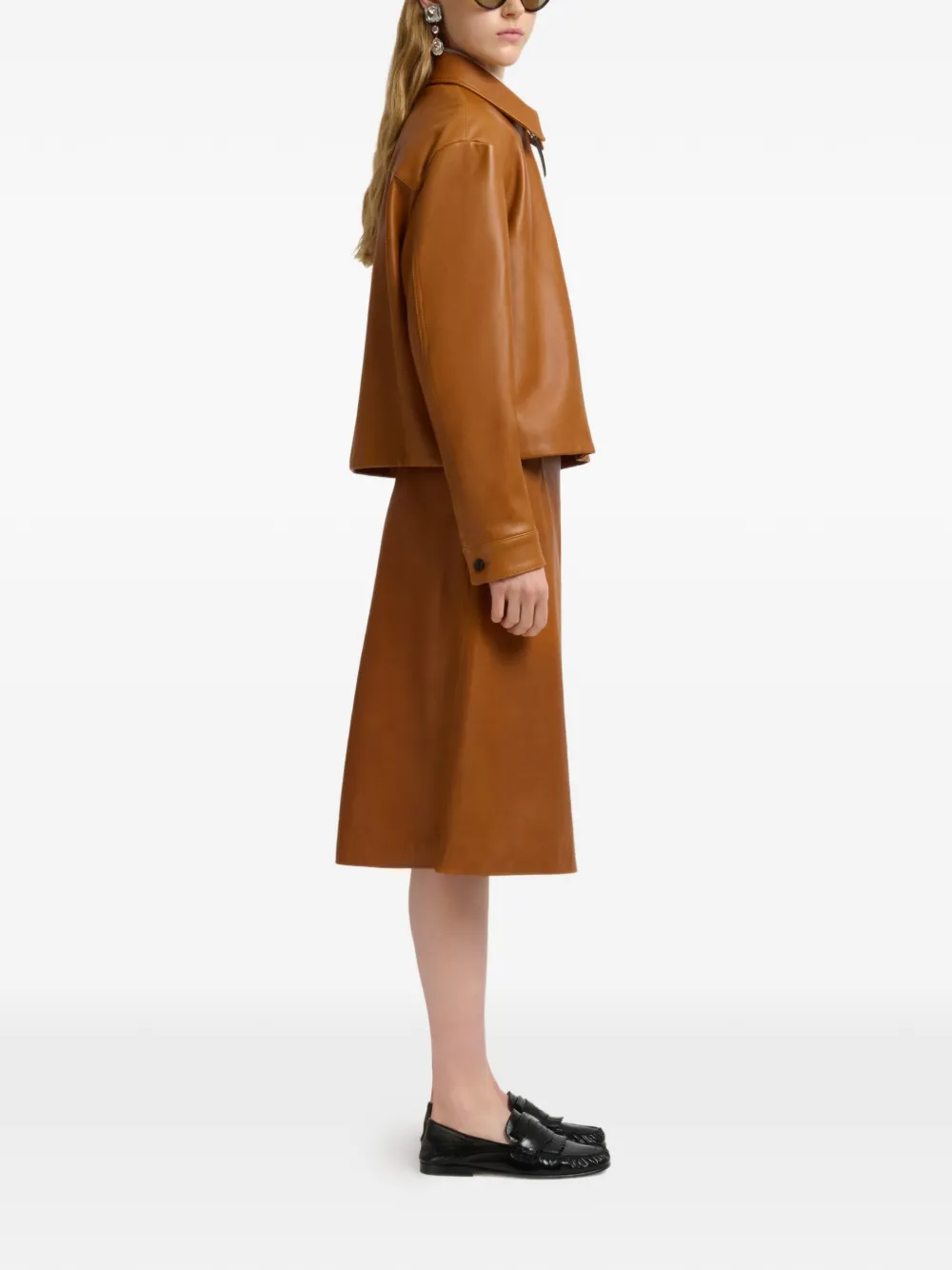  Marni Floral Intarsia Leather Skirt - Brown 