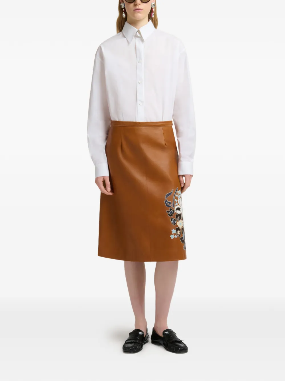  Marni Floral Intarsia Leather Skirt - Brown 