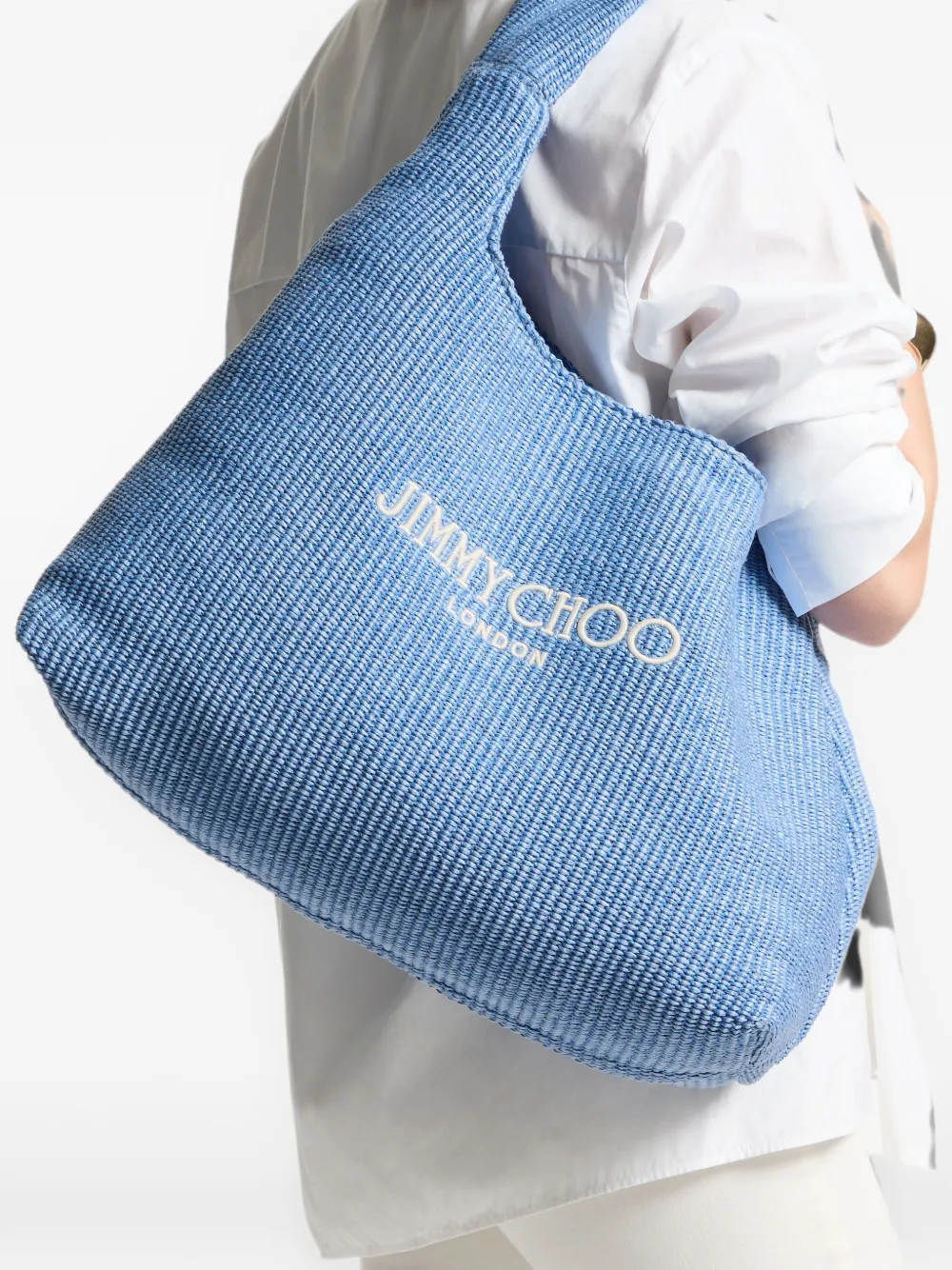 Jimmy Choo Grote Diamond Beach Ocean Blue en ecru raffia schoudertas Blauw