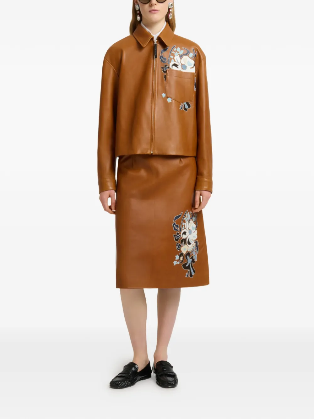 Marni Leren shirtjack met bloemenintarsia Bruin