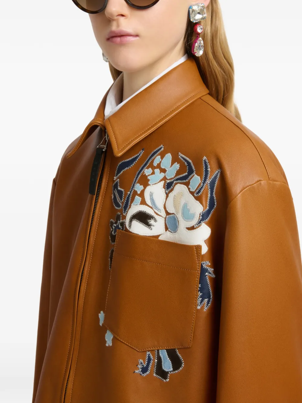 Marni Leren shirtjack met bloemenintarsia Bruin