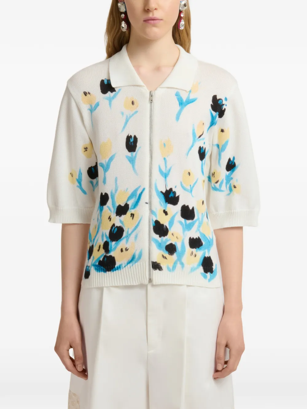 Marni Katoenen vest met rits en bloemenprint Wit