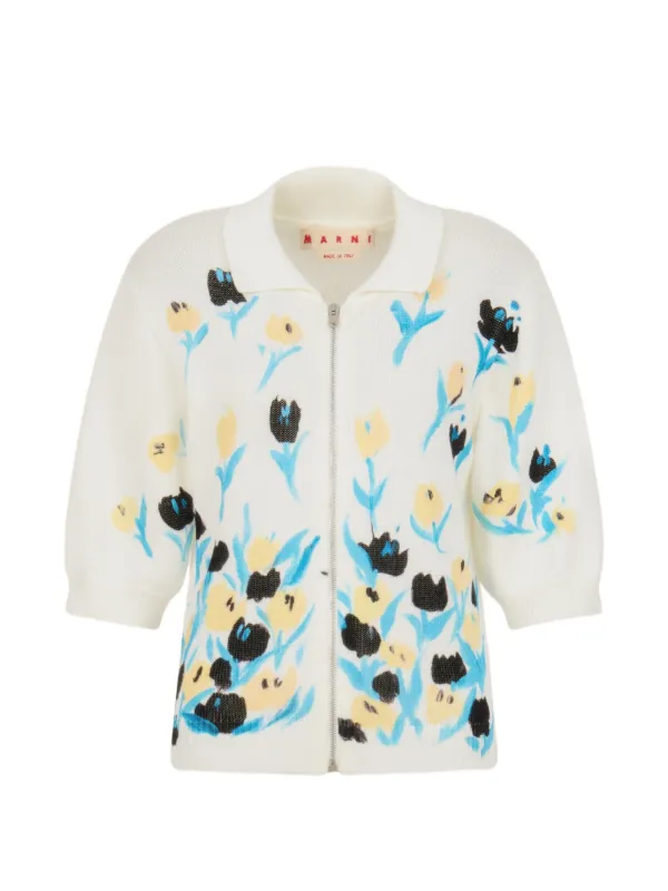 Marni Cotton Zip Cardigan with Floral Print in White