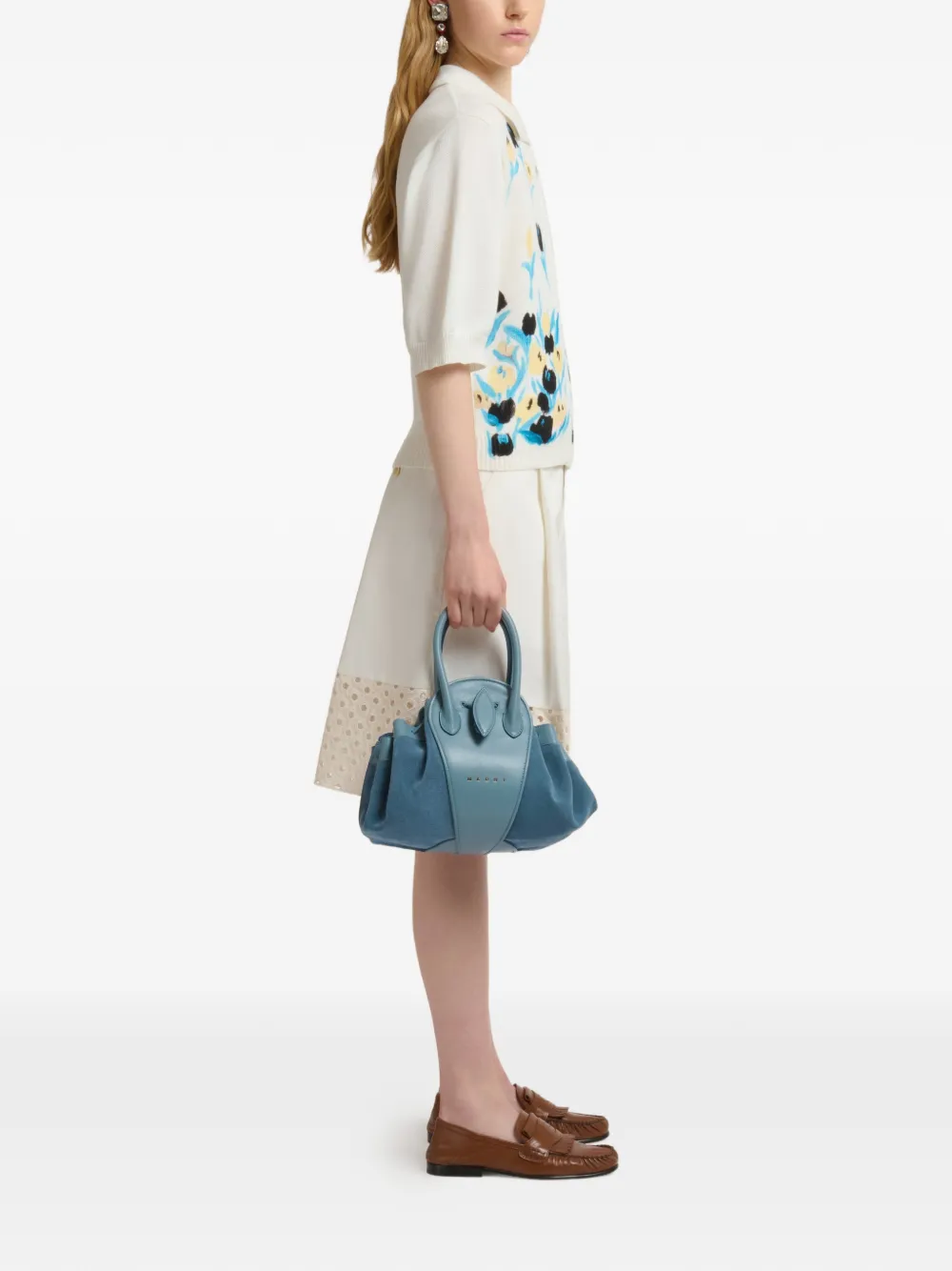 Marni Kleine Tulipea leren en suède handtas Blauw